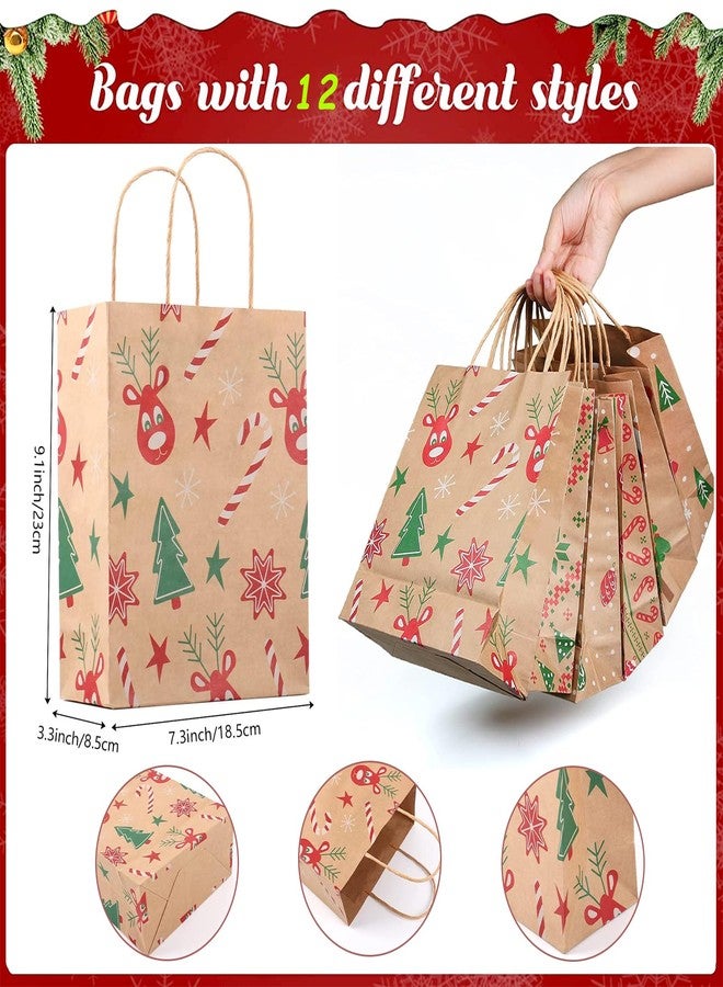 Jenleestar Christmas Gift Bags, 12pcs Reusable Sturdy Holiday Gift Wrapping Bags with Handles, Brown Kraft Paper, 7.3"×3.3"×9.1", Assorted Patterns for Xmas Presents, Classrooms and Party Favors - Image 2